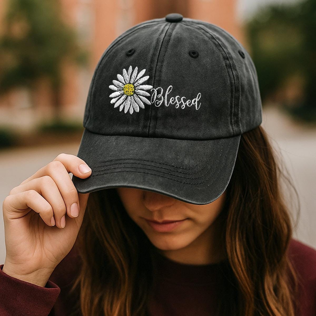 Blessed Daisy Embroidered Cap, Christian Faith Washed Black Cap For Women, For Men, Inspirational Floral Baseball Hat Gift For Believers LAFH09